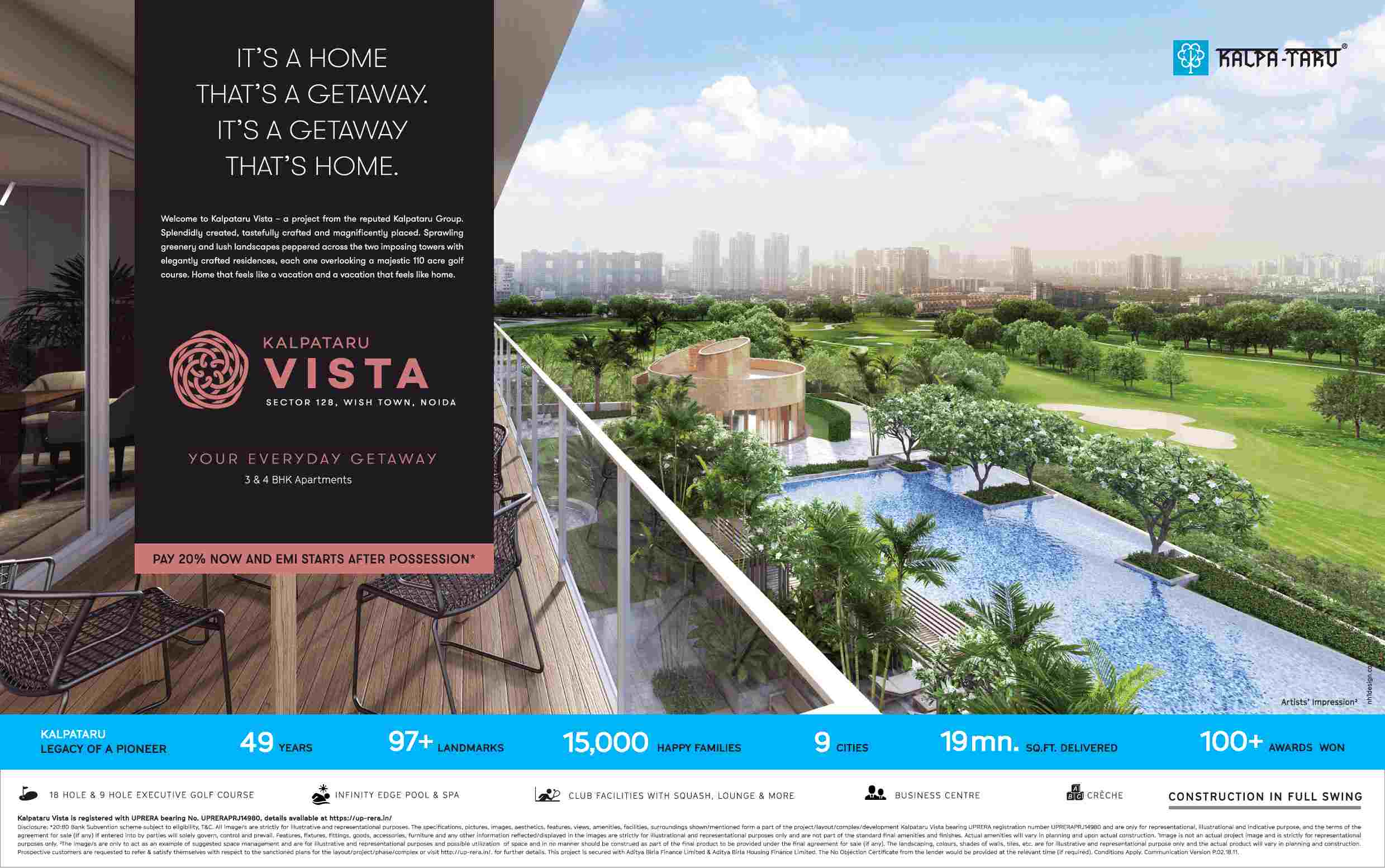 Pay 20% now and EMI starts after possession at Kalpataru Vista in Sector 128, Noida Update